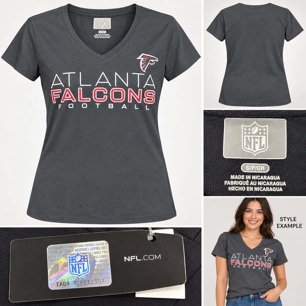 Atlanta Falcons NFL Women’s Charcoal V-Neck Football Tee Small NWT